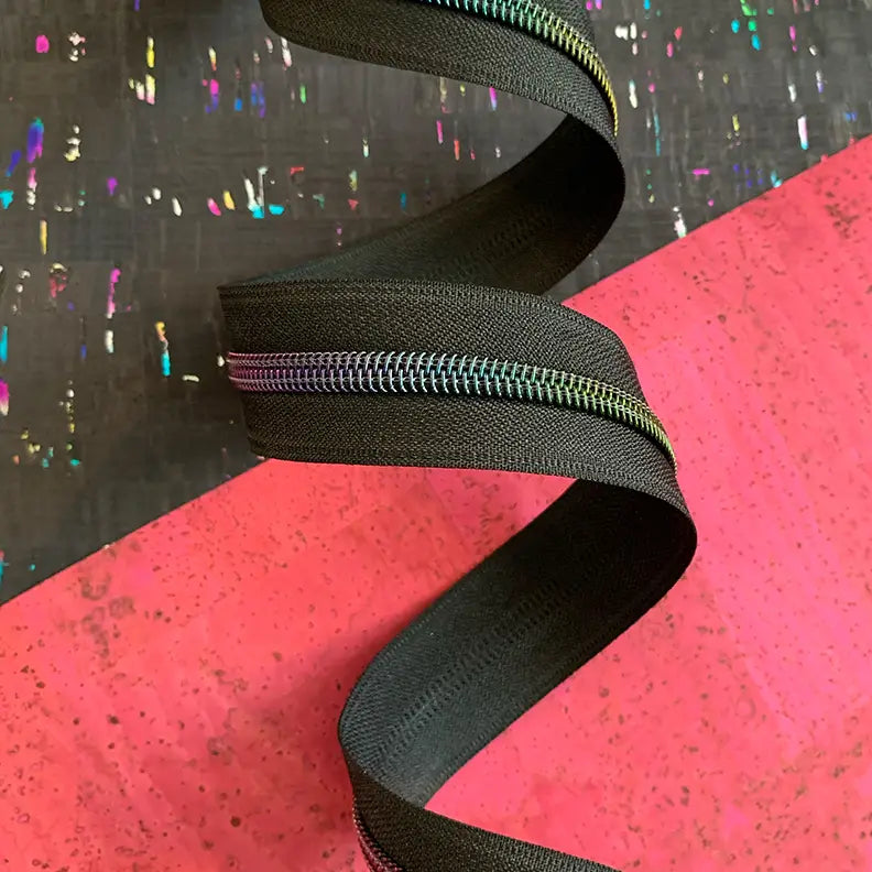 Black Zipper Tape with Rainbow Teeth - 3 yards // Sassafras Lane