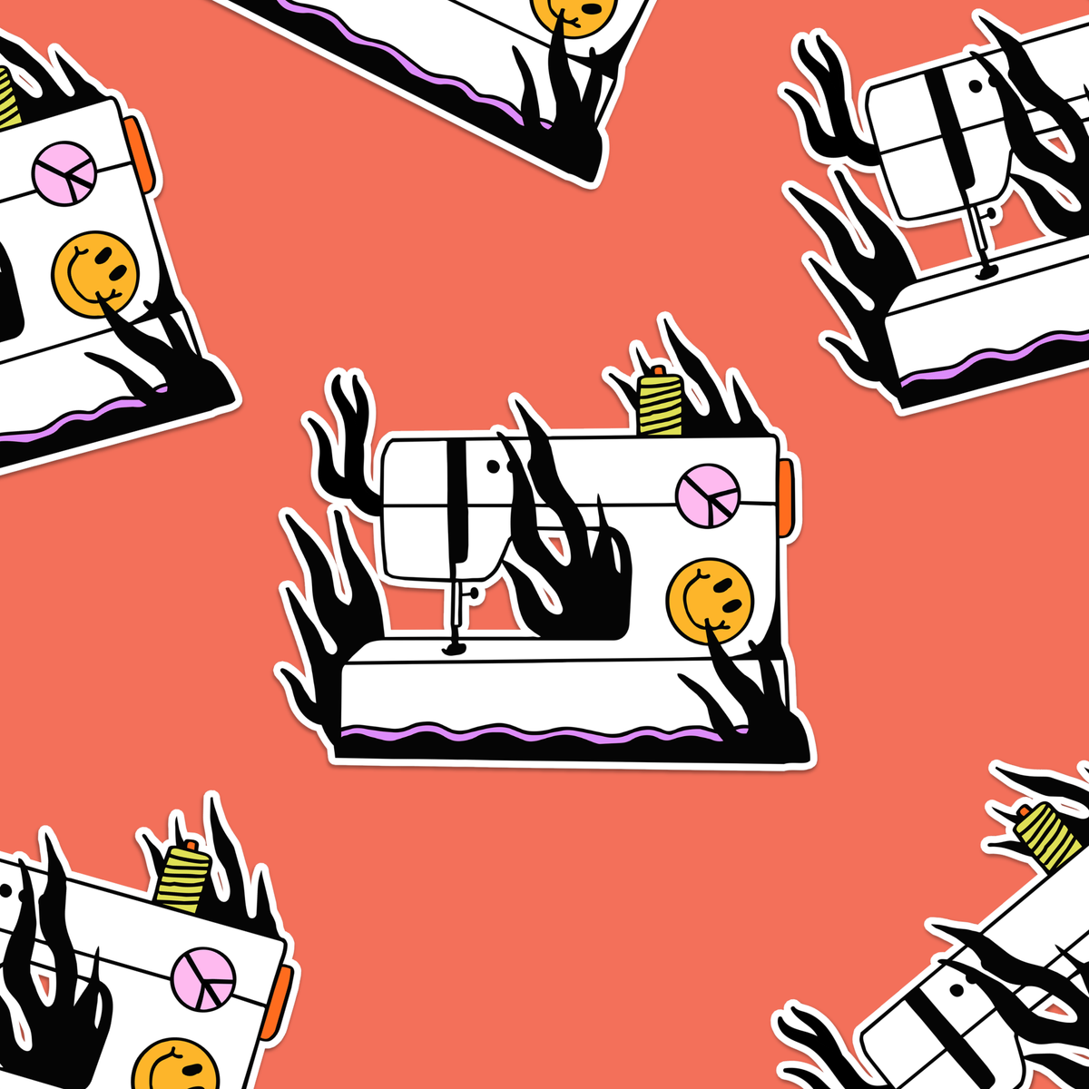 Flaming Sewing Machine Sticker