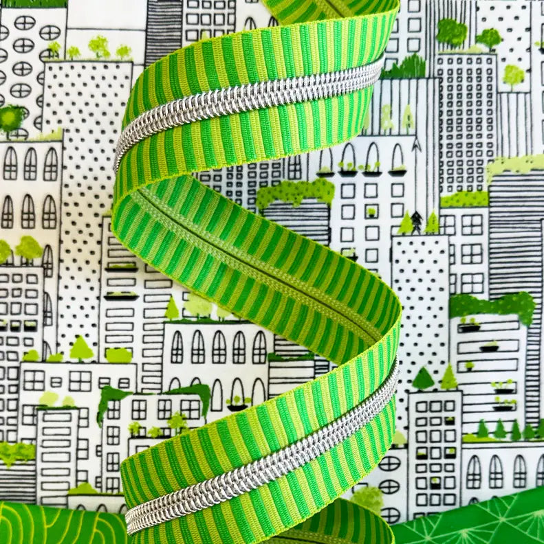 Wide Green Stripe Zipper Tape with Nickel teeth - 3 yards // Sassafras Lane