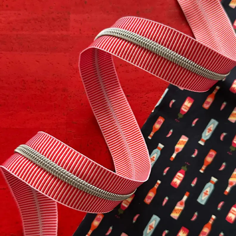Red Stripe Zipper Tape with Nickel teeth - 3 yards // Sassafras Lane