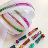 White Rainbow Coil Zipper with Iridescent Pulls - 3 Yards
