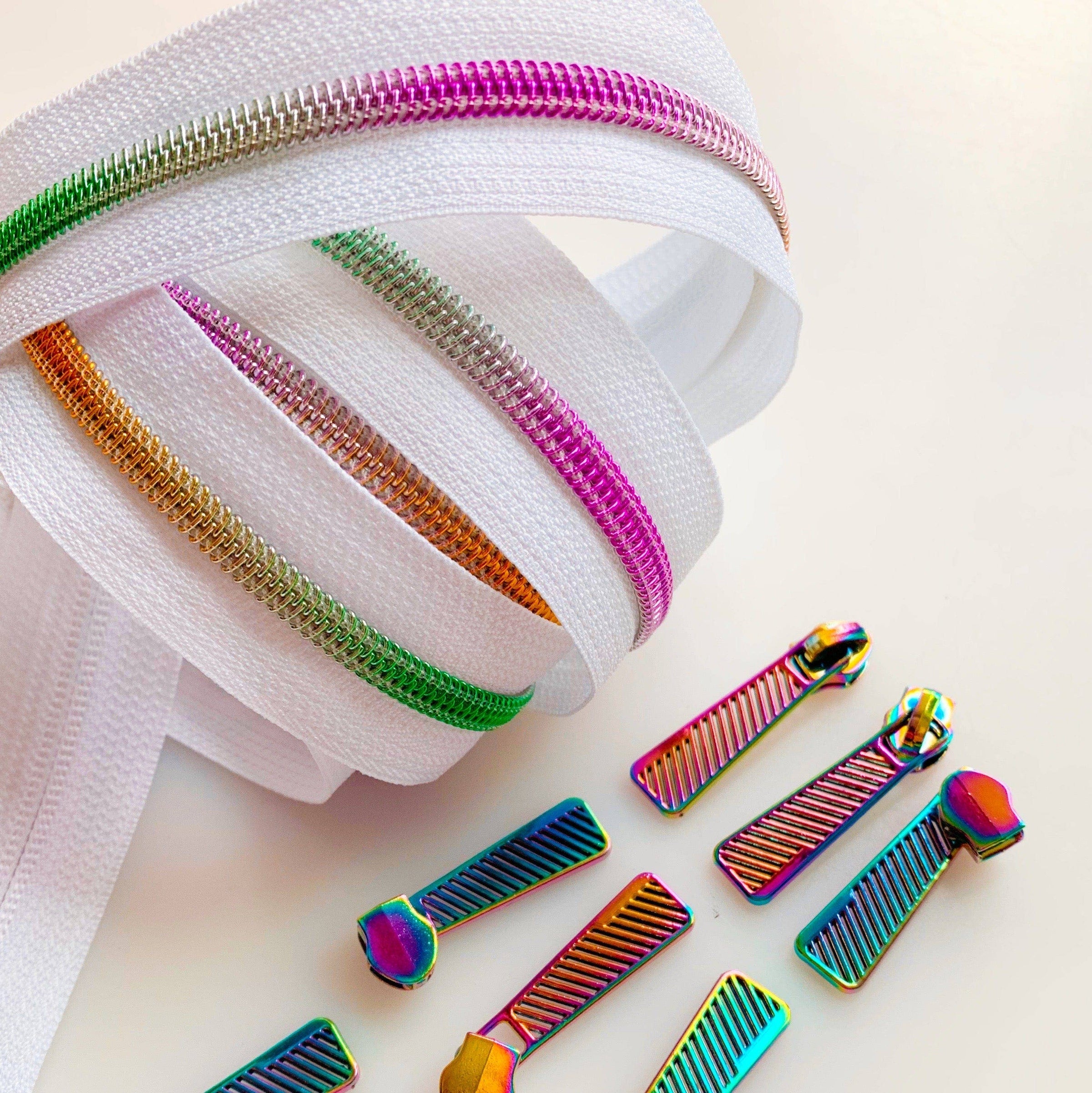 White Rainbow Coil Zipper with Iridescent Pulls - 3 Yards