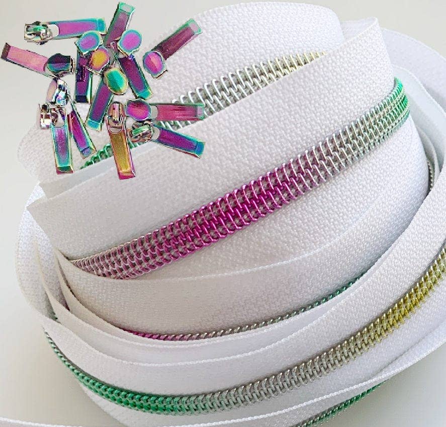 White Rainbow Coil Zipper with Iridescent Pulls - 3 Yards