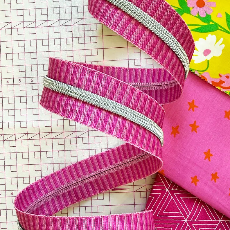 Wide Pink Stripe Zipper Tape with Nickel teeth - 3 yards // Sassafras Lane