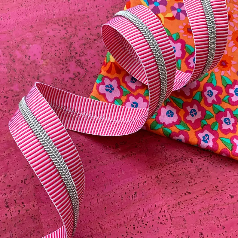 Pink Stripe Zipper Tape with Nickel teeth - 3 yards // Sassafras Lane