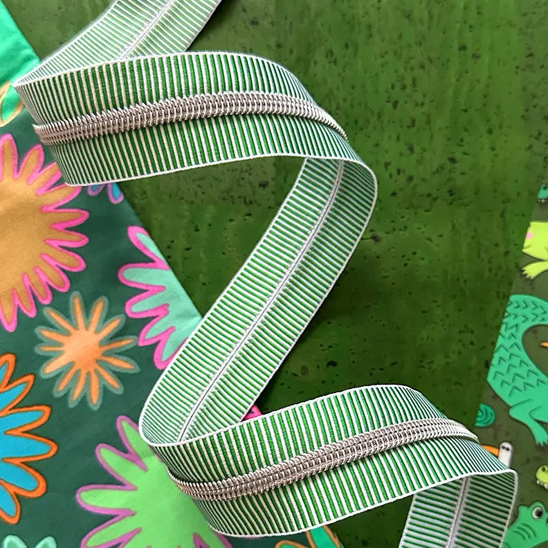 Green Stripe Zipper Tape with Nickel teeth - 3 yards // Sassafras Lane